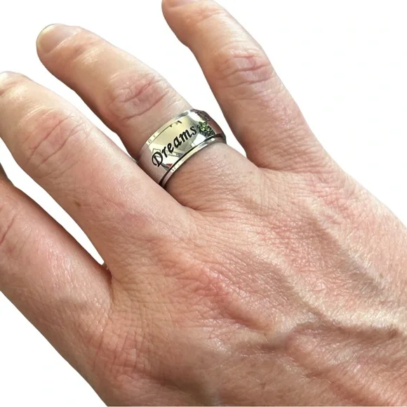 Green Austrian Crystal & Enameled Dreams Engraved Stainless Steel Spinner Ring - Picture 5 of 5